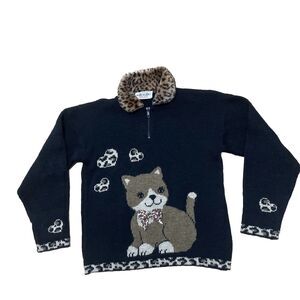 Vtg Heartworks 3D Bow Cat Sweater Girls Teen 14 16 Leopard Print Faux Fur Collar